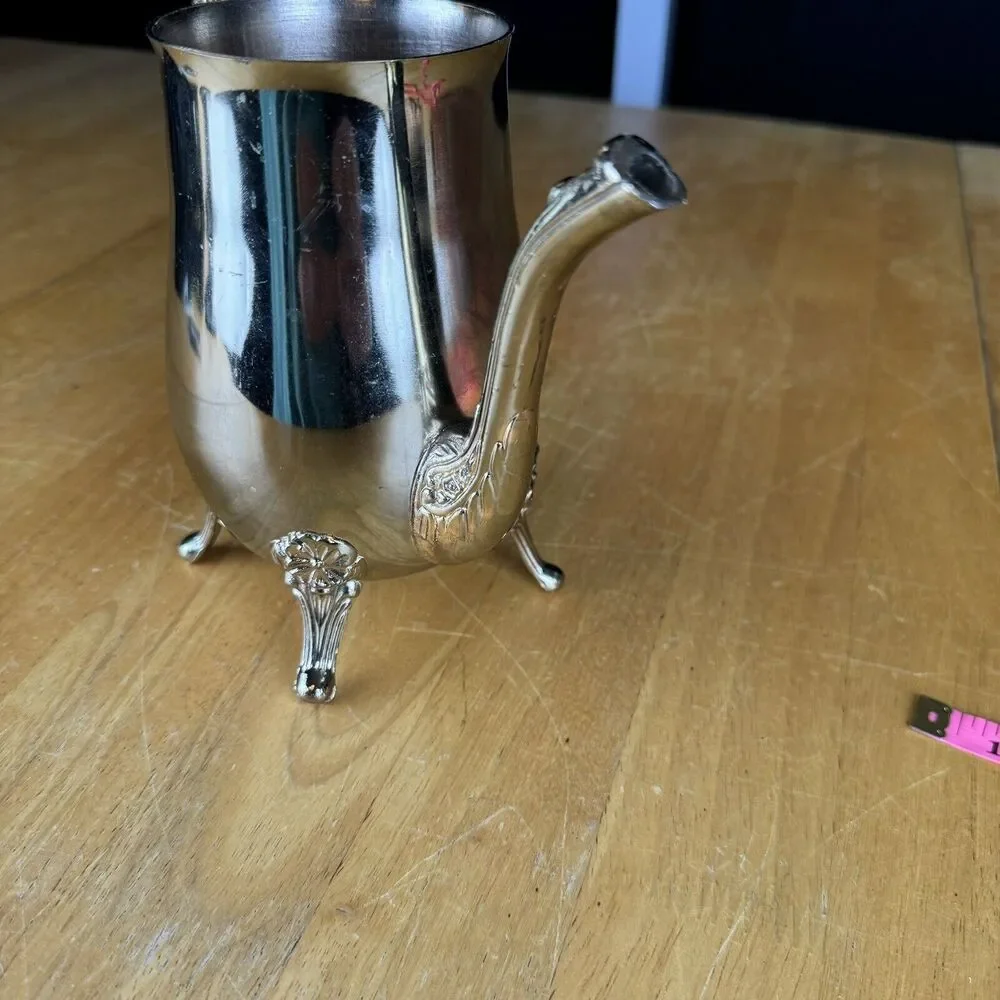 Vintage Metal Coffee Pot Gold Tone With Attached Lid Footed